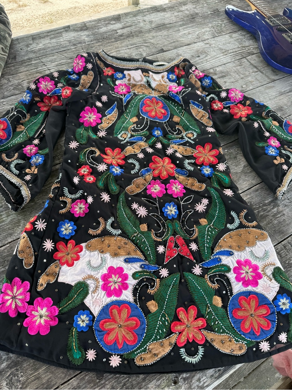 Alica And Ivia Black Embroidered Floral Shift Tunic Beaded/ Sz Petite